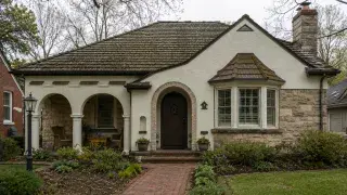 1940s-style stucco and stone cottage with arched entry, covered porch, bay window, chimney, weathered roof, and mature landscaping.