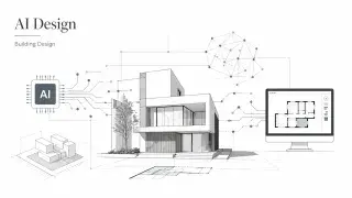 Showing AI chip, building, and floor plan monitor connected by neural lines.