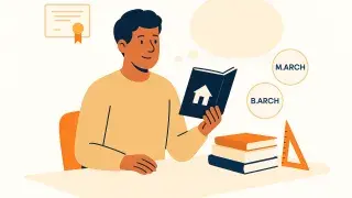 Student reading a book at a desk with icons representing B.Arch and M.Arch architecture degrees.