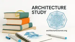 Minimalist workspace with architecture study tools and students working.