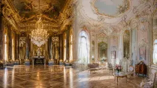 Baroque and Rococo palace interiors shown side by side, with a dark dramatic Baroque hall beside a lighter pastel Rococo salon.