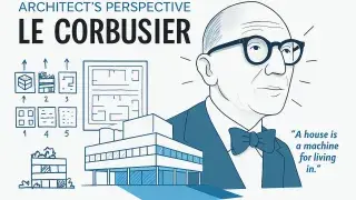 Modernist sketches and portrait silhouette of Le Corbusier with architectural diagrams.