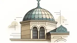 A close-up illustration of the Süleymaniye Mosque dome with arched windows and patterned tile.