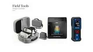Architect field tools arranged by use, including laser measure, laser level, tablet, scale ruler, digital caliper, sketch notebook, thermal camera, compact camera, and portable SSD.