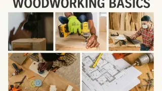 Collage of five woodworking scenes with drills, clamps, plans, and a craftsman using a laptop.