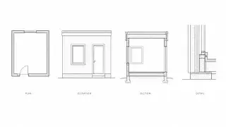 Basic architectural drawings showing a plan, elevation, section, and construction detail.