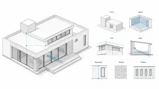Architectural diagram showing form, space, line, light, proportion, texture, and pattern through one modern house design.