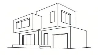 A drawing of a modern two-story house with flat roof and clean geometry.