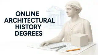 Statue with drafting tools and blueprints representing online architectural history degrees.