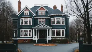 A Queen Anne Victorian house with bay windows, ornate trim, and steep rooflines.
