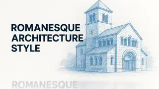 Sketch of Romanesque architecture with rounded arches and heavy walls.
