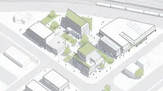 Bird’s-eye view architectural site plan with modern buildings and green spaces.