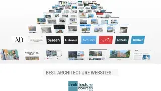 Collage of top architecture websites including Dezeen, ArchDaily, Archinect, and ArchitectureCourses.org.