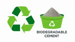 Biodegradable cement sample with recycling lifecycle chart.