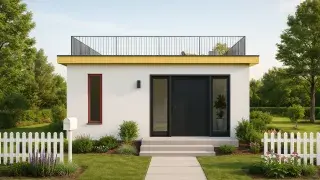 Small modern house with flat roof, rooftop seating area, wide front door, and vertical red-framed window.
