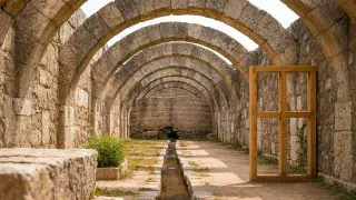 Ancient Roman stone arches with a water channel in Izmir, Türkiye.