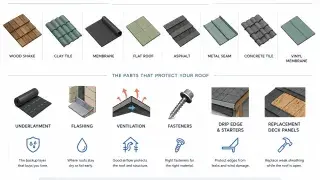 Roofing options and roof parts including underlayment, flashing, ventilation, fasteners, drip edge, and deck panels.