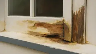 Rotten wooden window frame with peeling paint and wood decay.