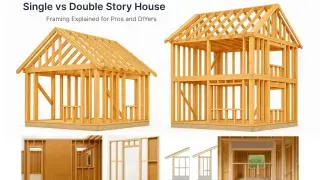 Infographic comparing single and double story house framing with labeled wall studs, beams, and roof structures.