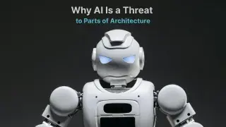 Symbolic image of AI overshadowing human architects in digital design.