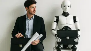 Young architect and humanoid robot seated with briefcases, symbolizing collaboration and competition in modern design work.