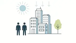 An infographic of city structures, climate forces, and human presence under architectural pressure.
