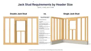Infographic showing jack stud requirements by header size with labeled spans and load examples.