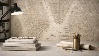 Architectural history office desk with stacked architecture books in front of a large vintage city map wall.