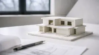 Close-up of architectural concept sketch drawn over grid lines showing basic form exploration and proportional study.