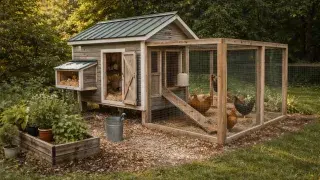 A backyard chicken shelter with outdoor runs.