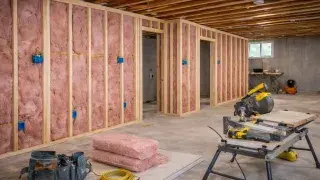 Unfinished basement with newly framed stud walls and insulation installed before drywall.