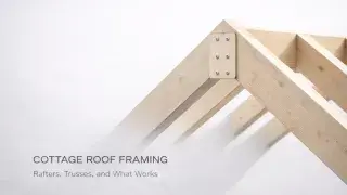 Cottage roof framing detail showing rafters at ridge with gusset plate connection.