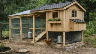 Backyard DIY chicken shelter with attached run on uneven dirt ground.