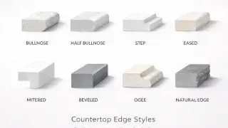 Quartz countertop edges: bullnose, half bullnose, step, eased, mitered, beveled, ogee, and natural edge.