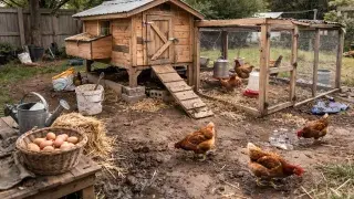 Backyard chicken coop under roof with covered run, clean dry ground, hens nearby.
