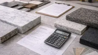Stone benchtop samples beside a quote sheet and calculator on a workshop bench.