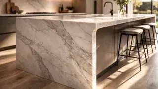 Waterfall countertop detail showing vertical stone panel and continuous edge in natural light.