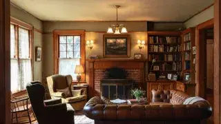 1920s living room with stained wood trim, brick fireplace, built-in bookcases, and warm layered lighting.