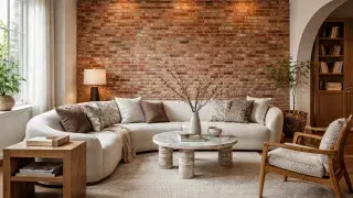Living room with antique brick accent wall, curved cream sectional, and marble coffee table.