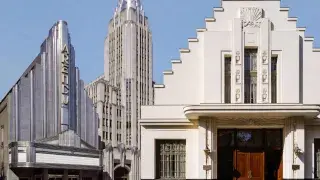 Art Deco buildings showing stepped massing, streamlined theater frontage, and geometric facade ornament.