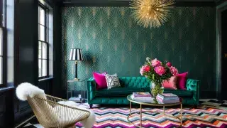 Art Deco-inspired living room with fan-pattern wallpaper, jewel-tone sofa, and gold starburst chandelier.