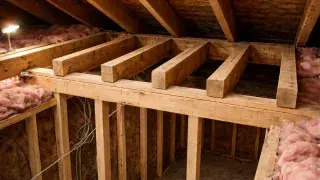 Attic joists resting on a double top plate of a load-bearing interior wall.