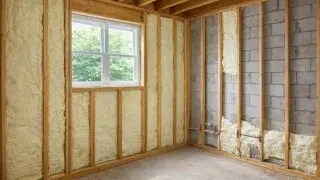 Basement spray foam insulation with wood framing, one wall finished and one wall partially done.