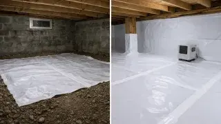 Side-by-side crawl space comparison showing vapor barrier only on one side and full encapsulation on the other.