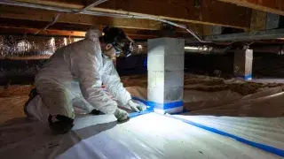 Worker sealing a crawl space vapor barrier around a support pier with taped seams.