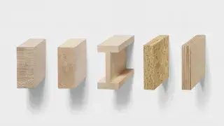Comparison of engineered wood product samples including laminated beam stock, I-joist, OSB, and plywood on a white background.
