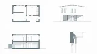 Architectural floor plan, elevation, section, and wall detail shown together as one drawing set.