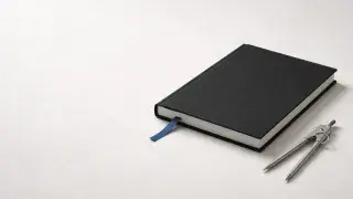 Graduate studies in architecture concept image with black portfolio, blue bookmark ribbon, and divider tool.