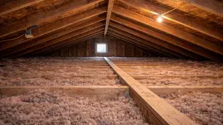 Older stick-framed attic with exposed rafters, ceiling joists, and blown insulation.