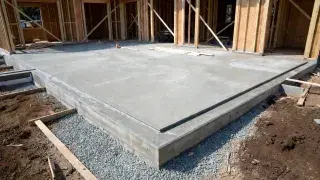 Slab-on-grade concrete foundation with wood framing built directly on the slab.